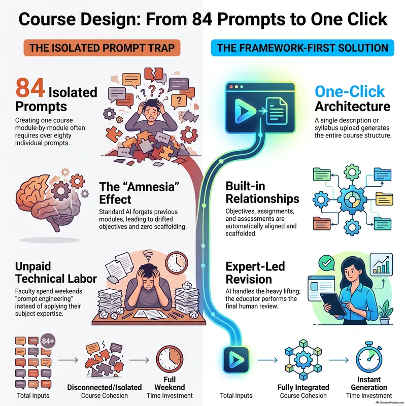 Course design: from 84 isolated prompts to one click, comparing the disconnected output of prompt-by-prompt generation with a framework-first approach